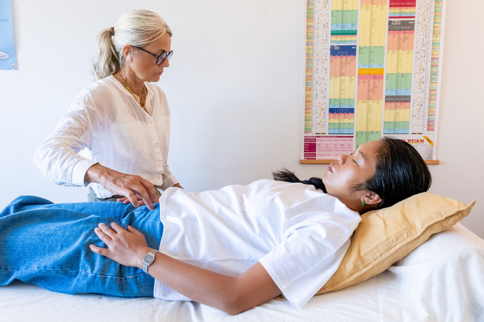 Séance d’acupression, pressions sur l’abdomen